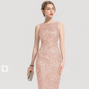 JJ's House Dusty Rose Sheath/Column Scoop Tea-Length Lace Cocktail Dress